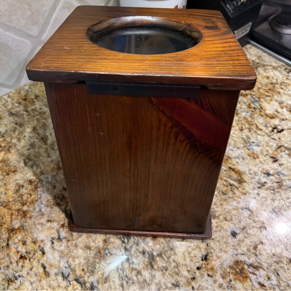 VTG Handmade Wood Canister Hinged Lid Plastic Insert Bin Slanted View Hole FOOD - Picture 8 of 10